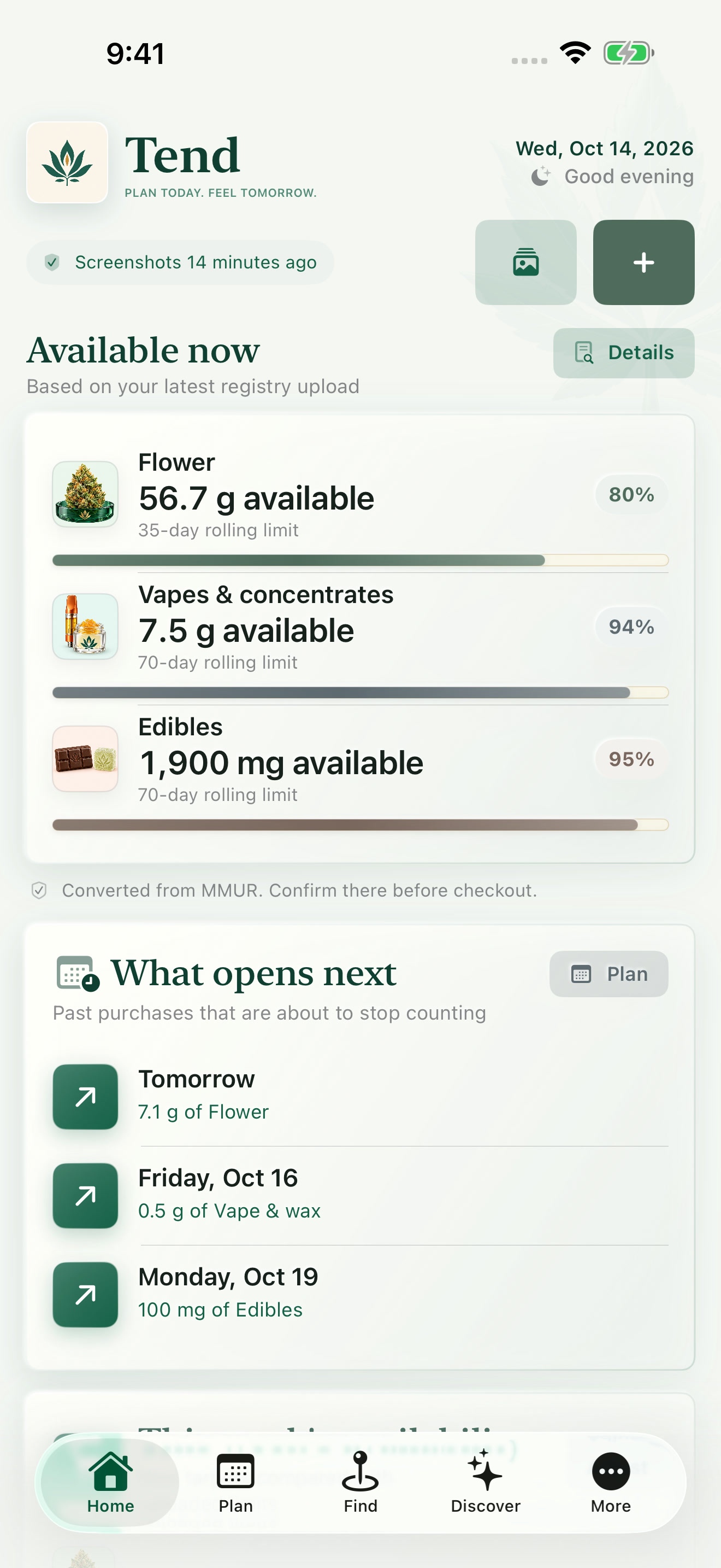 Tend Home showing imported available amounts and upcoming dates