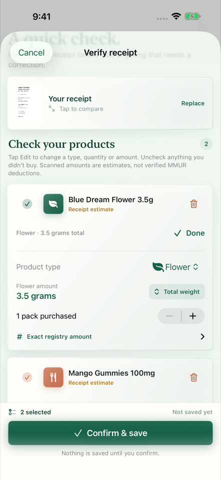 Actual Tend receipt review showing editable products and the Confirm & save button